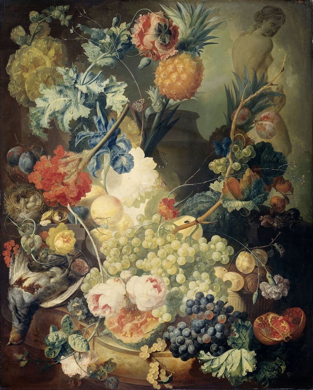 Still Life with Flowers, Fruit and Birds (1774) by Jan van Os