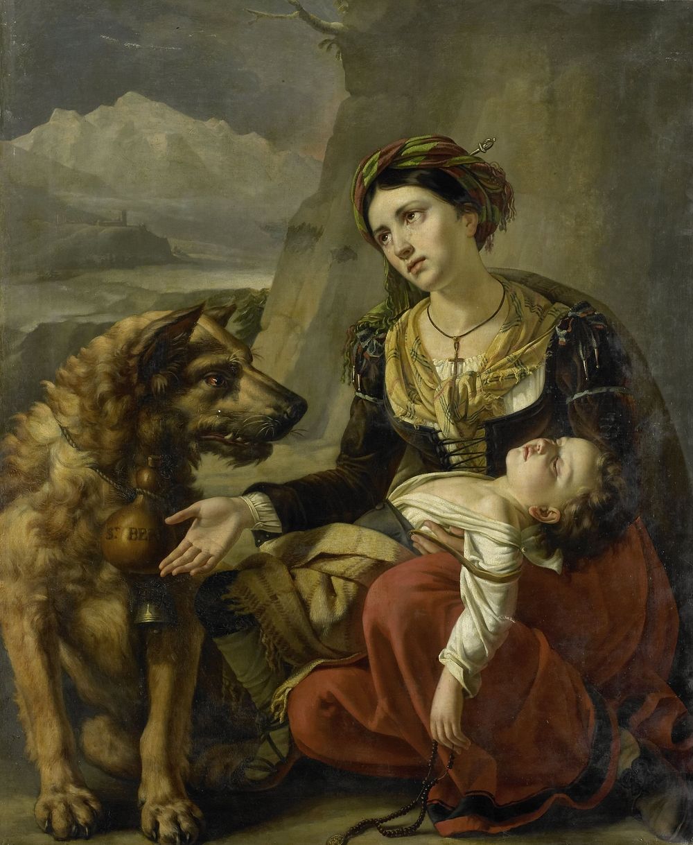 A Saint Bernard Dog Comes to the Aid of a lost Woman with a sick Child (1827) by Charles Picqué