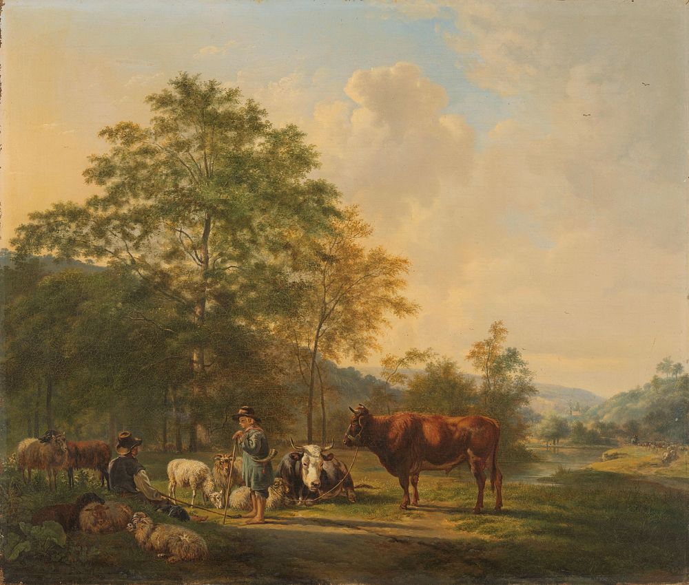 Hilly Landscape with Shepherd, Drover and Cattle (1815 - 1839) by Pieter Gerardus van Os