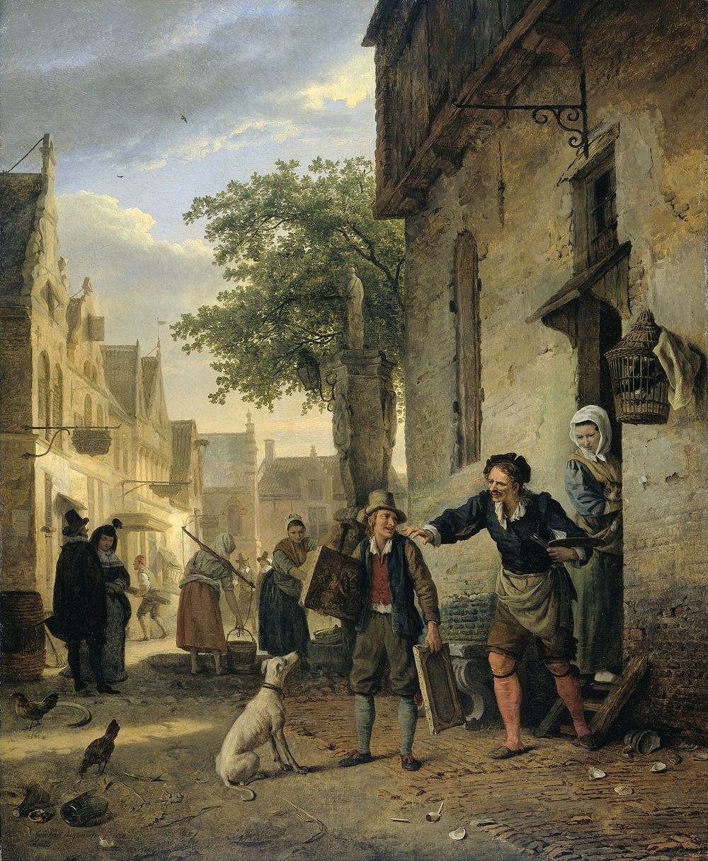 Jan Steen Sends his Son to the Streets to Exchange Paintings for Beer and Wine (1828) by Ignatius Josephus Van Regemorter