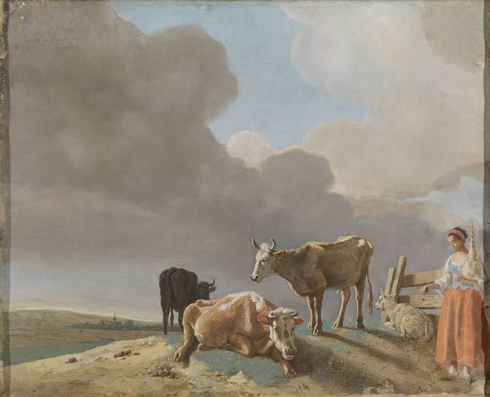 Landschap met koeien, schapen en herderin, gewijzigde kopie naar een schilderij van Paulus Potter, de herderin gekopieerd…