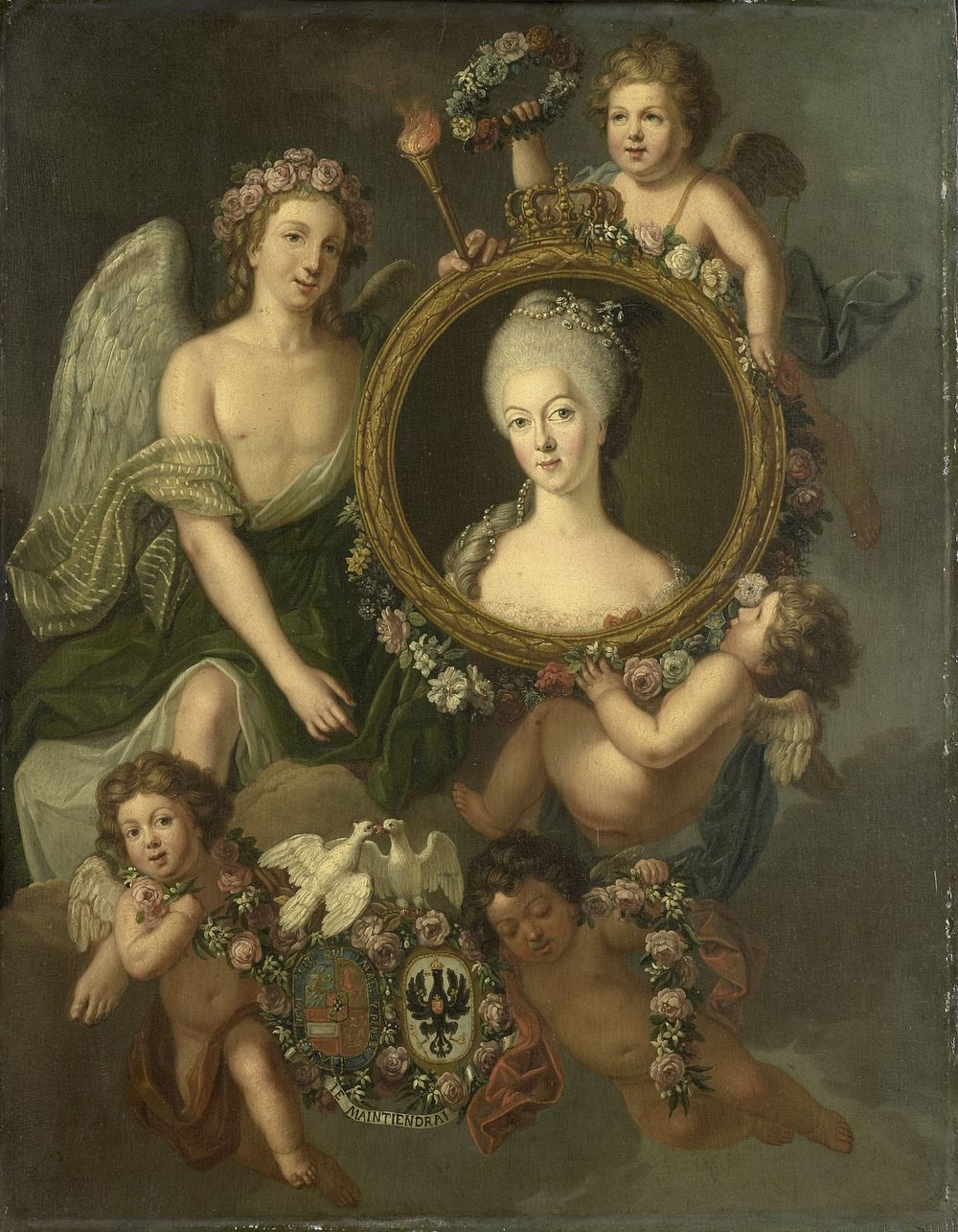 Portrait of Wilhelmina of Prussia in a medallion with allusions to her marriage to Prince William V on 4 October 1767 in…