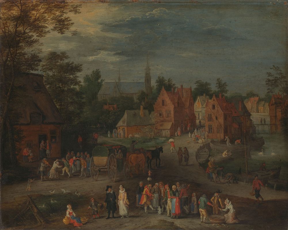 Village with a Puppeteer Entertaining a Small Crowd (c. 1650 - c. 1660) by Peeter Gijsels