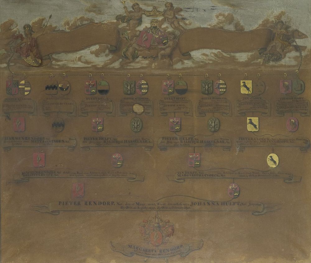 Kwartierstaat met de wapens van de zestien kwartieren van Margaretha Rendorp (1700 - 1749) by anonymous