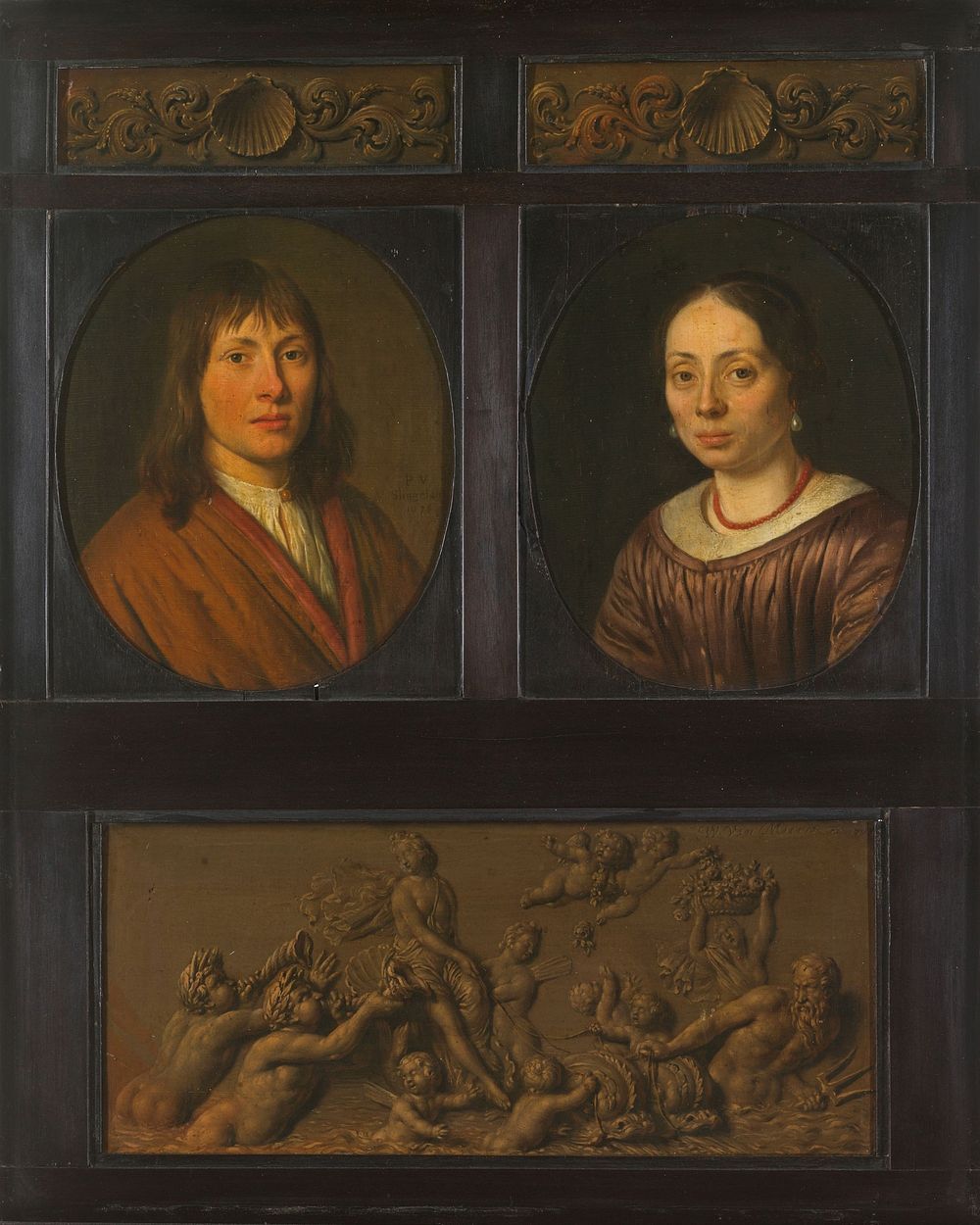 Portraits of a Man and a Woman framed with two ornamental frieze miniatures with shell motif and a Triumph of Amphitrite…