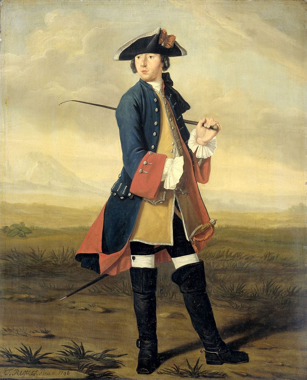 Portrait of Ludolf Backhuysen II, Painter, in the Uniform of the Dragoons (1748) by Tibout Regters
