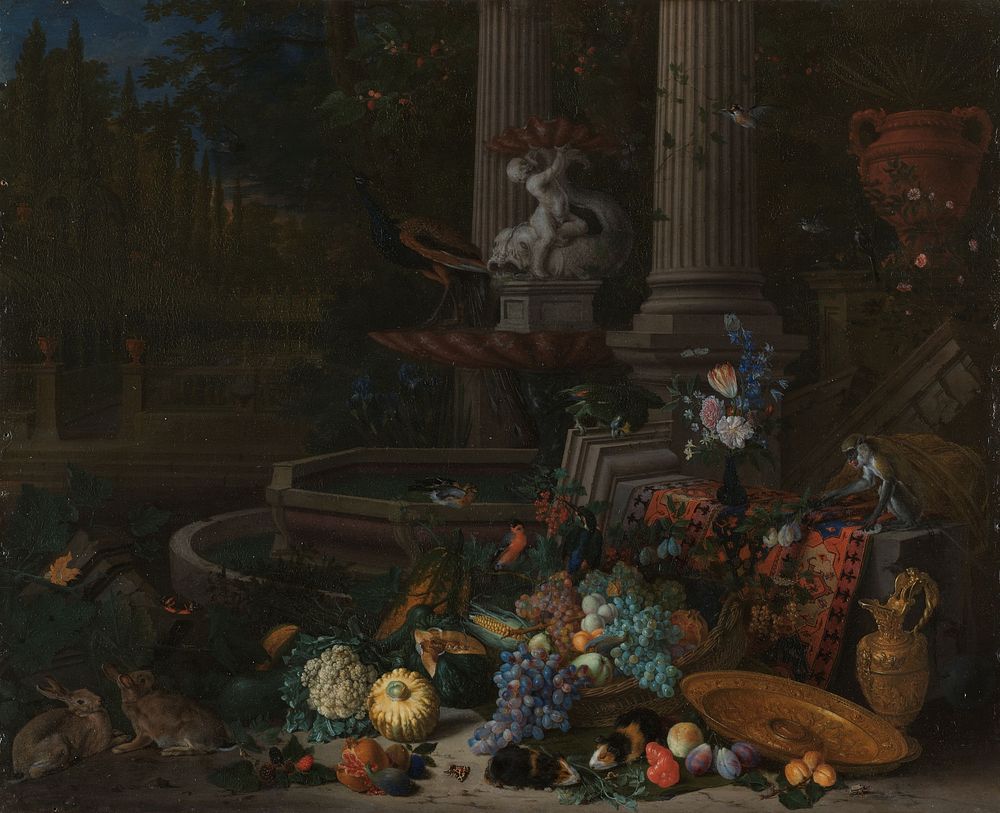Still Life with Vegetables before a Draped, Overturned Plinth by an Ornamental Fountain (1680 - 1690) by Peeter Gijsels