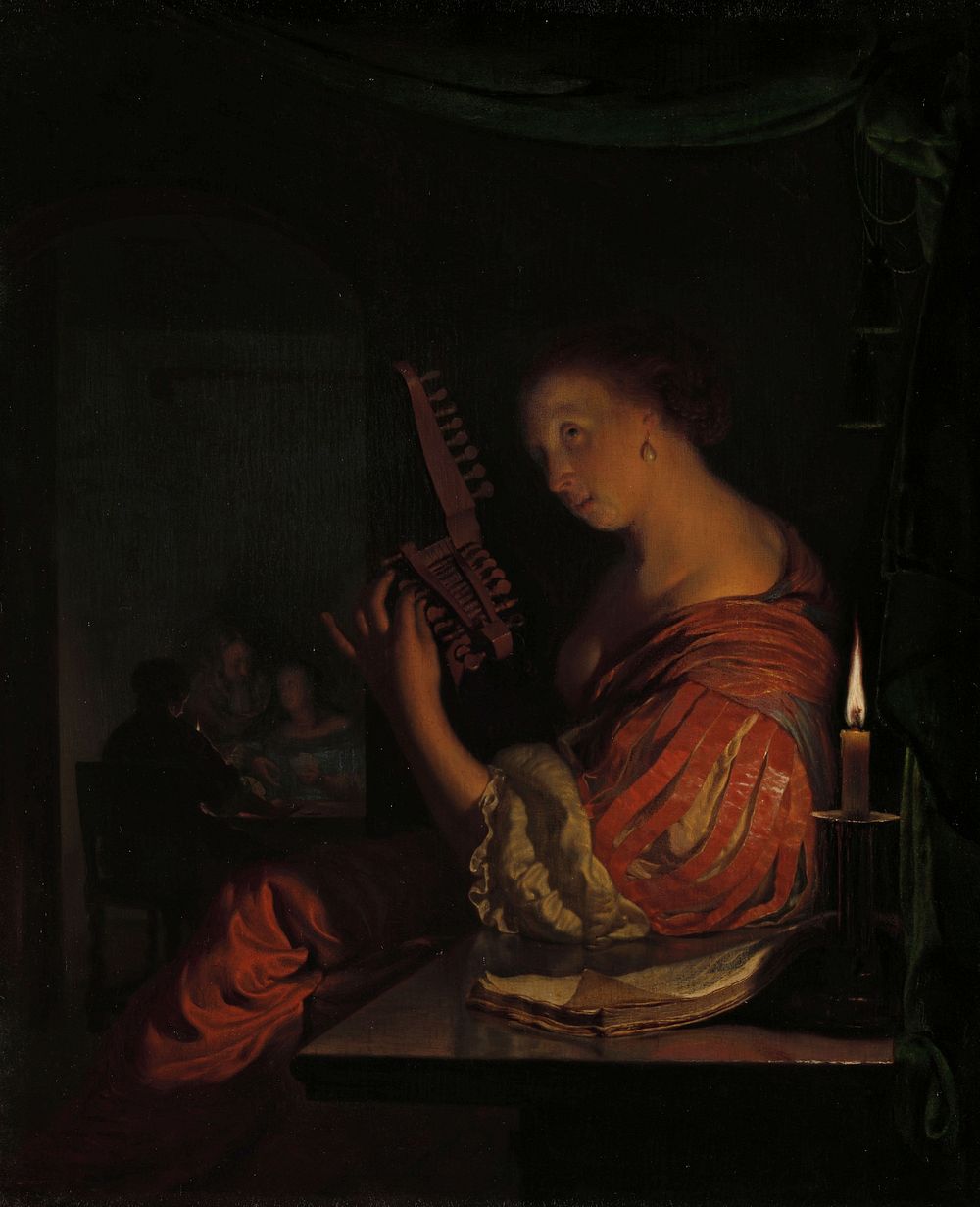 Vrouw die een teorbe stemt (1665) by Frans van Mieris I