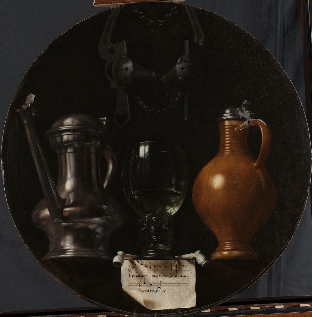 Emblematic Still Life with Flagon, Glass, Jug and Bridle (1614) by Johannes Torrentius