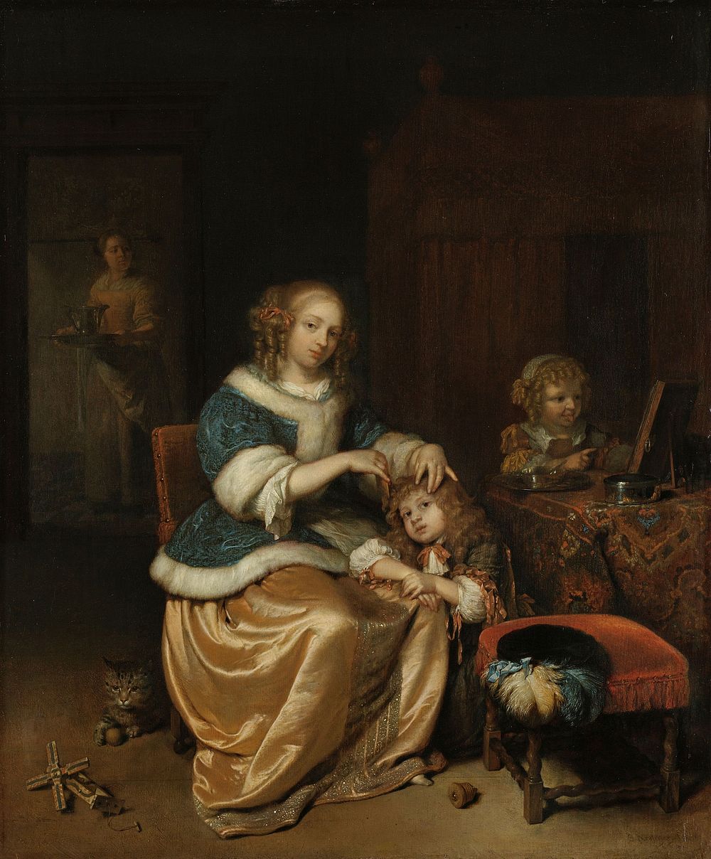 Interior with a Mother Combing her Child’s Hair, Known as ‘Maternal Care’ (1669) by Caspar Netscher
