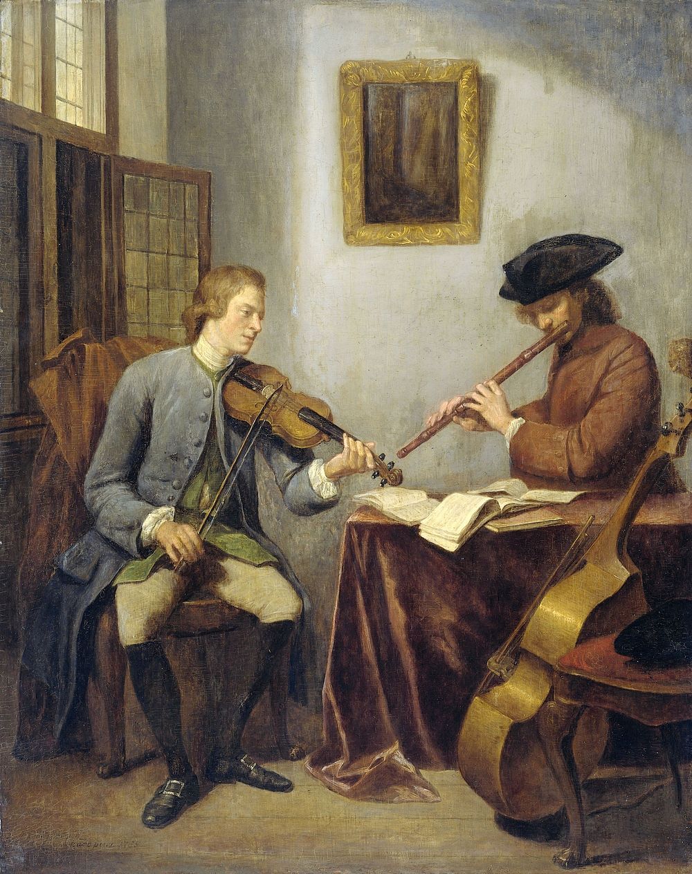 A Violinist and a Flutist Playing Music together (The Musicians) (1755) by Julius Henricus Quinkhard