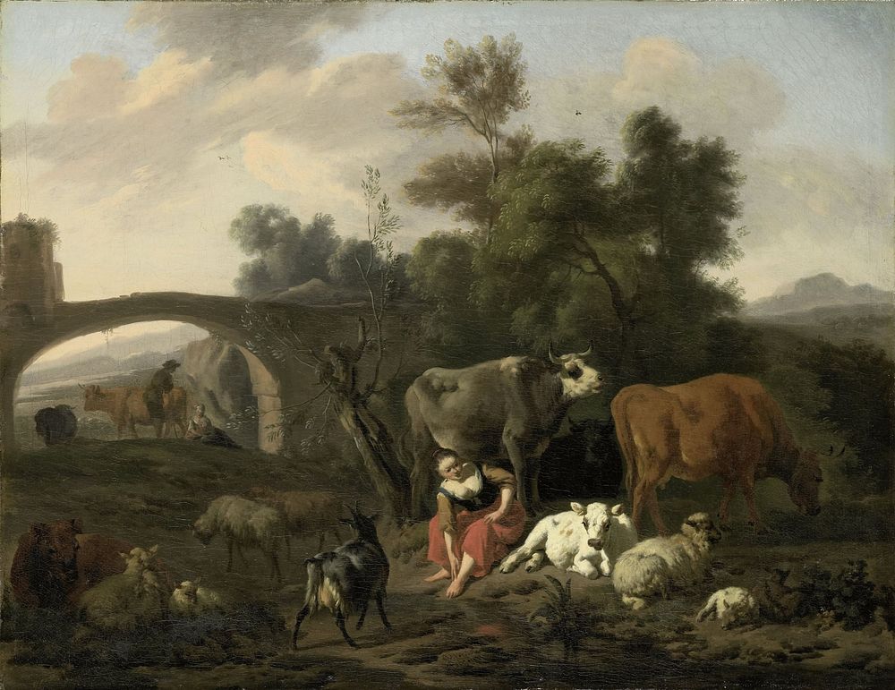 Landscape with Herdsmen and Cattle (1660 - 1690) by Dirck van Bergen