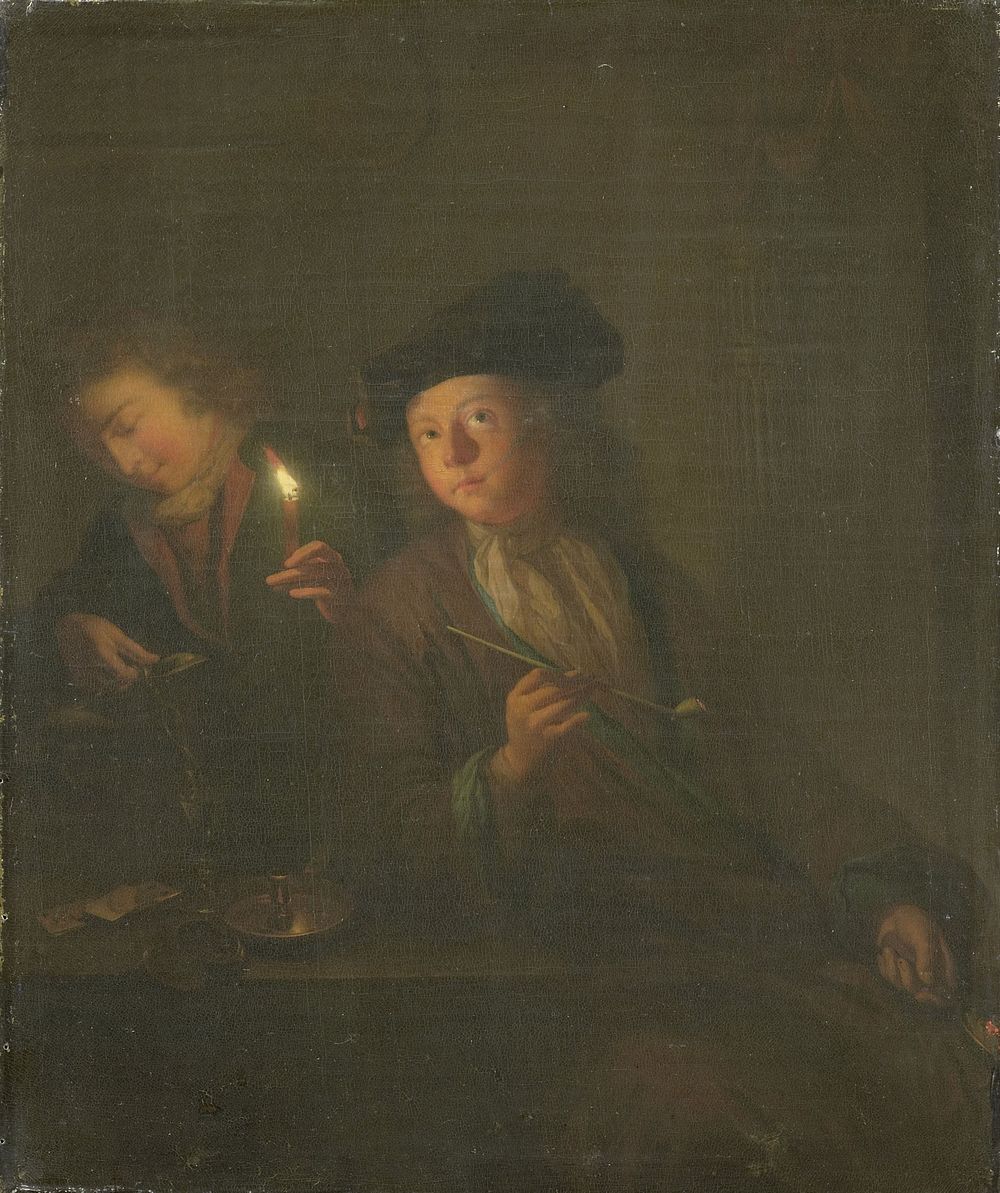 The Smoker (A Man with a Pipe and a Man Pouring a Beverage into a Glass) (1690 - 1706) by Godfried Schalcken