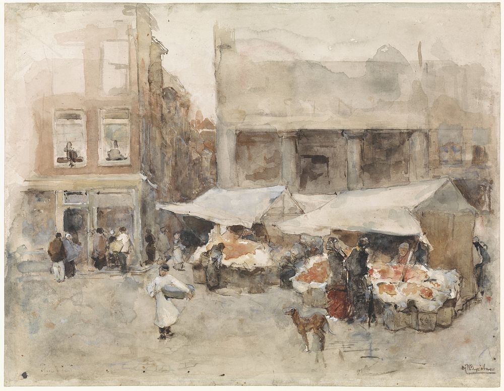 Markt met bloemenstalletjes (1874 - 1925) by George Hendrik Breitner and Floris Arntzenius