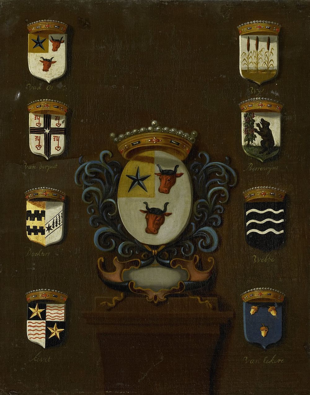 Coat of Arms of Sara van Os, Wife of Jan van Reyersbergh with its eight quarterings (1650 - 1699) by anonymous