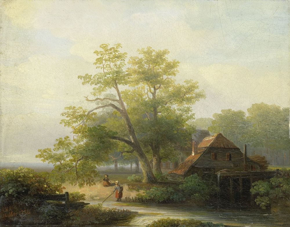 A Watermill in a Woody Landscape (1854) by Lodewijk Hendrik Arends