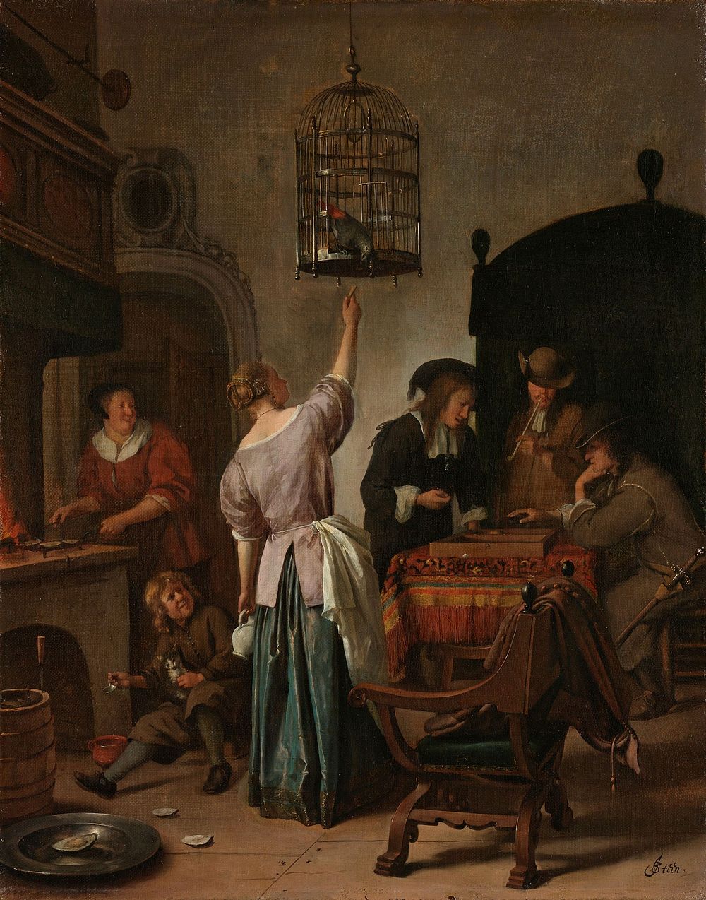 Interior with a Woman Feeding a Parrot, Known as ‘The Parrot Cage’ (c. 1660 - c. 1670) by Jan Havicksz Steen