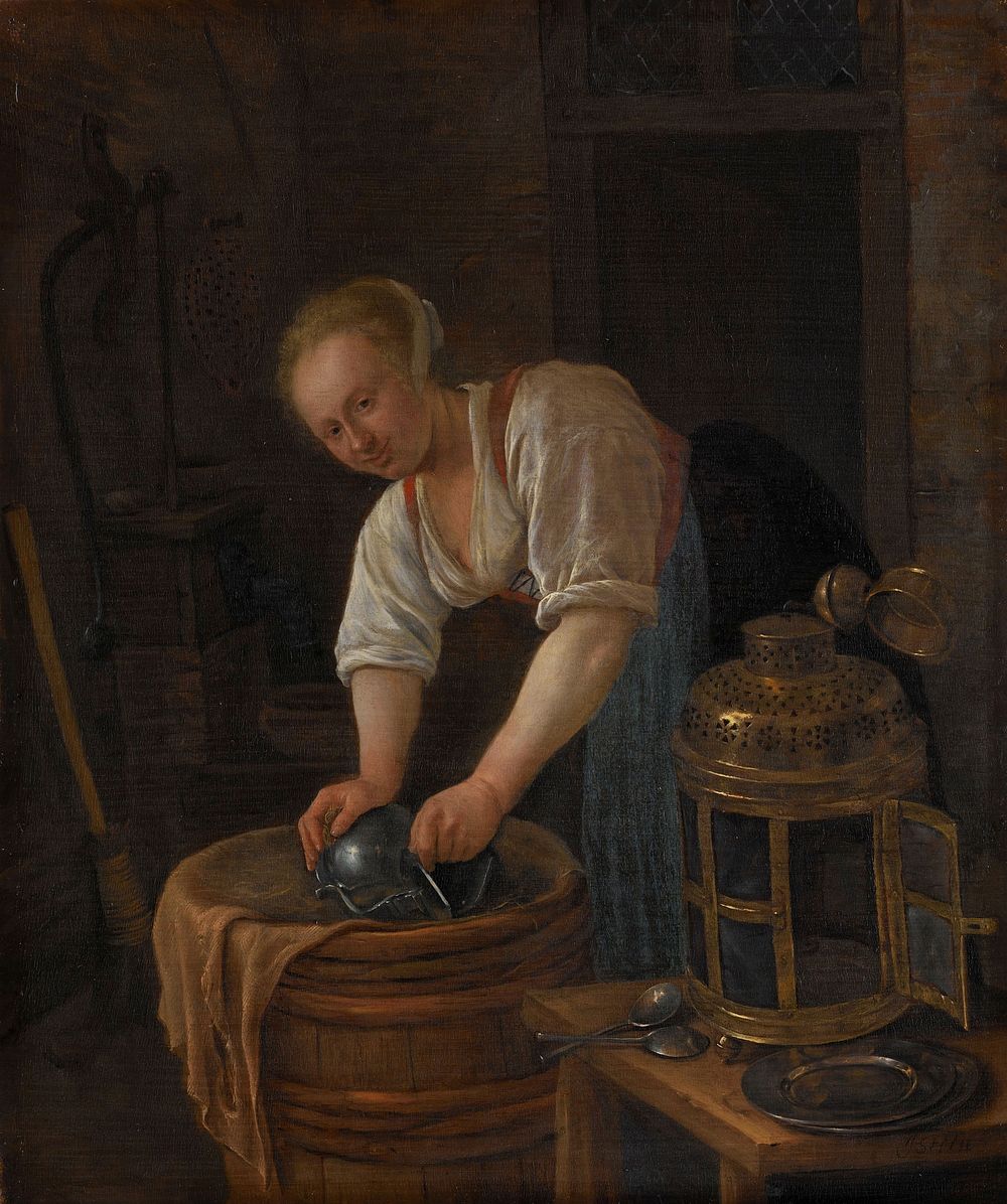 Woman scouring metalware (1650 - 1660) by Jan Havicksz Steen