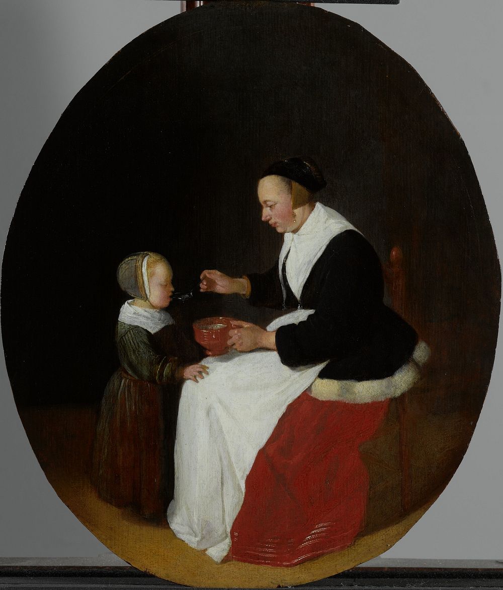 A Mother Feeding Porridge to her Child (1653 - 1655) by Quiringh Gerritsz van Brekelenkam