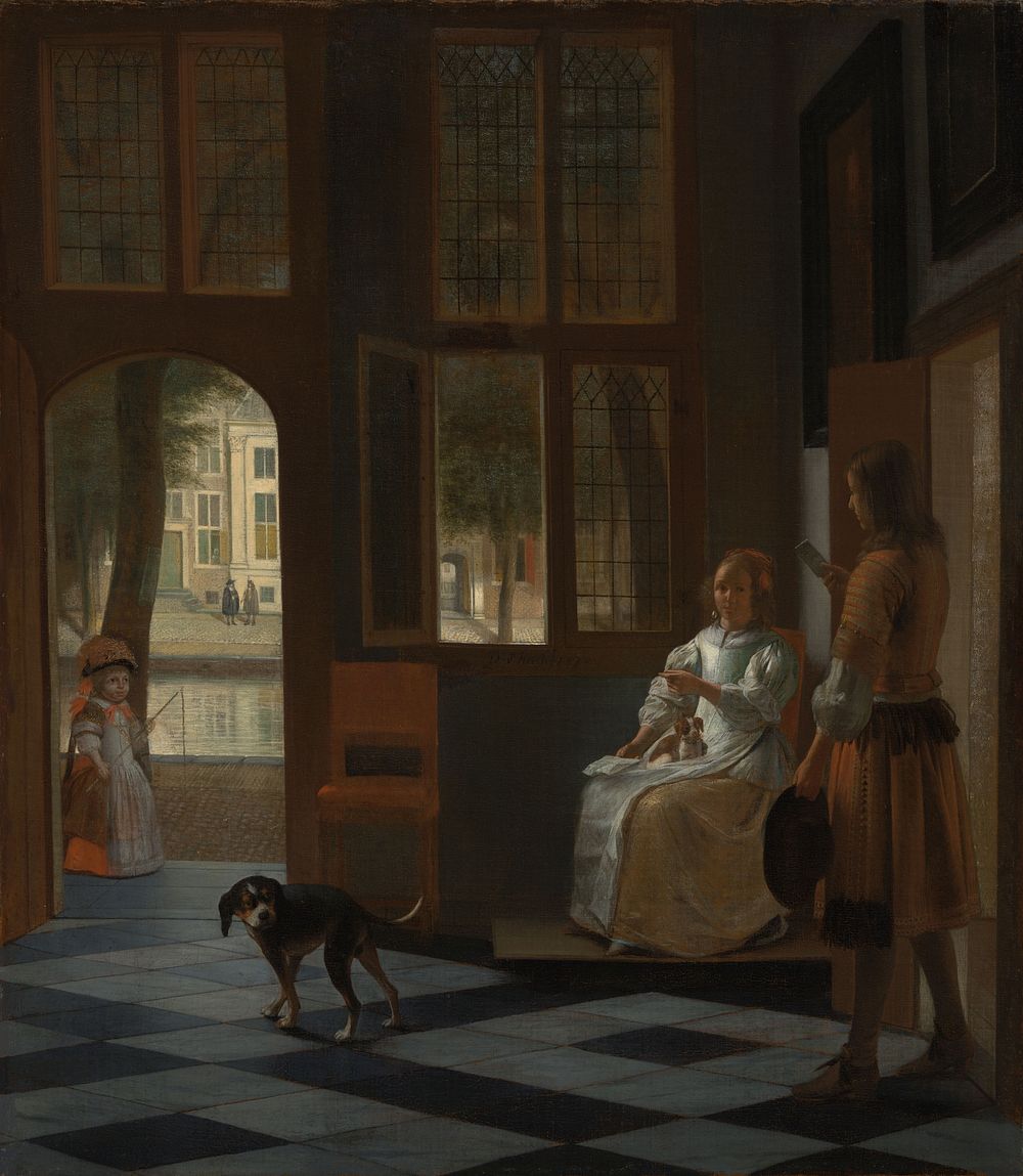 Man Handing a Letter to a Woman in the Entrance Hall of a House (1670) by Pieter de Hooch