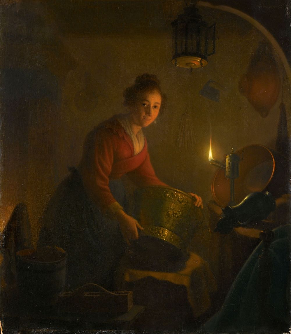A Woman in a Kitchen by Candlelight (c. 1830) by Michiel Versteegh
