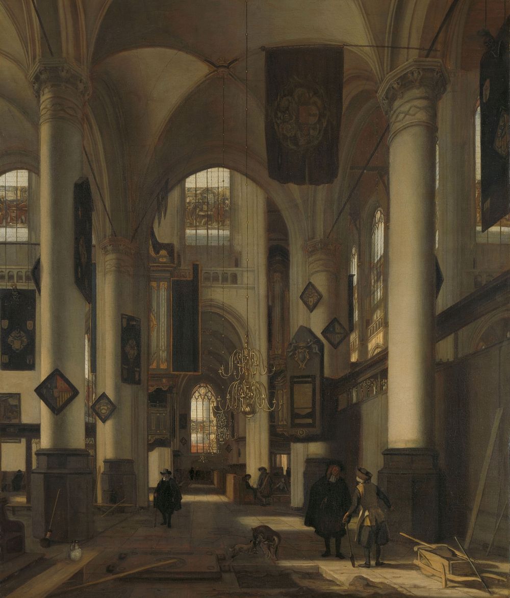 Interior of a Protestant Gothic Church with Motifs from the Oude and Nieuwe Kerk in Amsterdam (1660 - 1680) by Emanuel de…