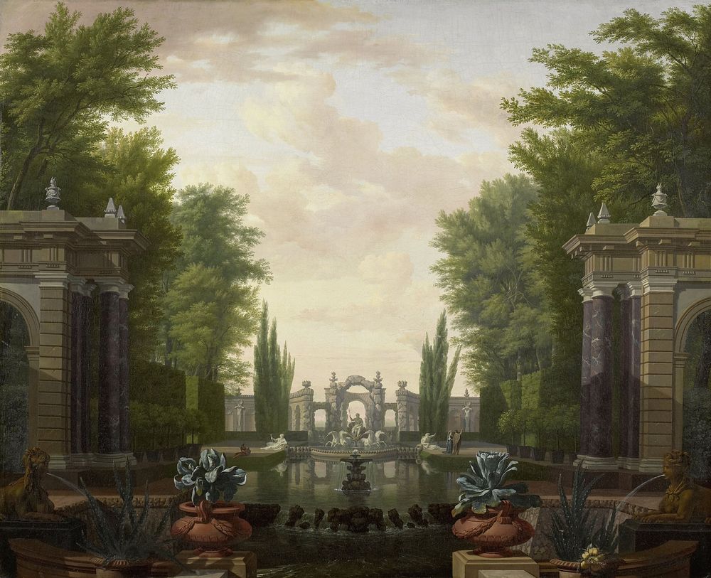 Water Terrace with Statues and Fountains in a Park (1700 - 1744) by Isaac de Moucheron