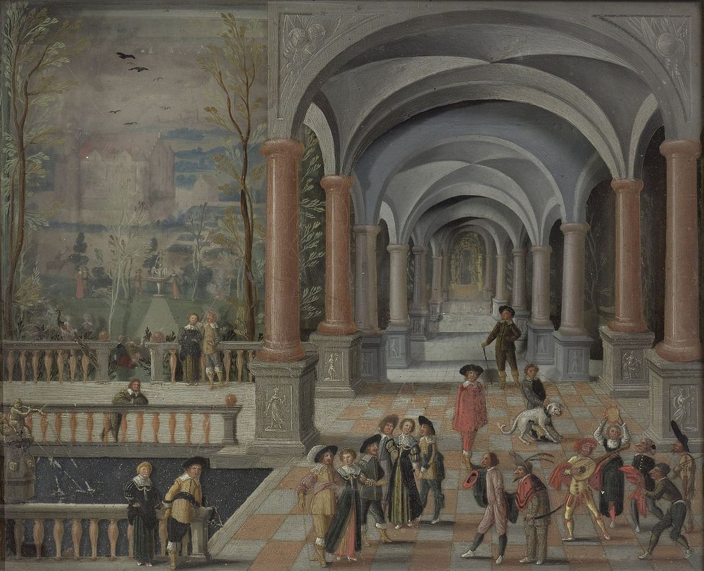 Festive Gathering and Figures from a Commedia dell'Arte in a Gallery (1634) by Monogrammist DB schilder