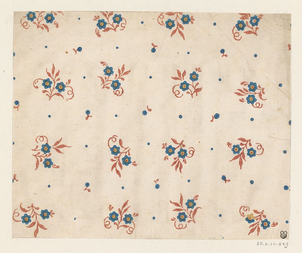 Blad met strooipatroon van bloemen omgeven door vruchtjes (1700 - 1850) by anonymous