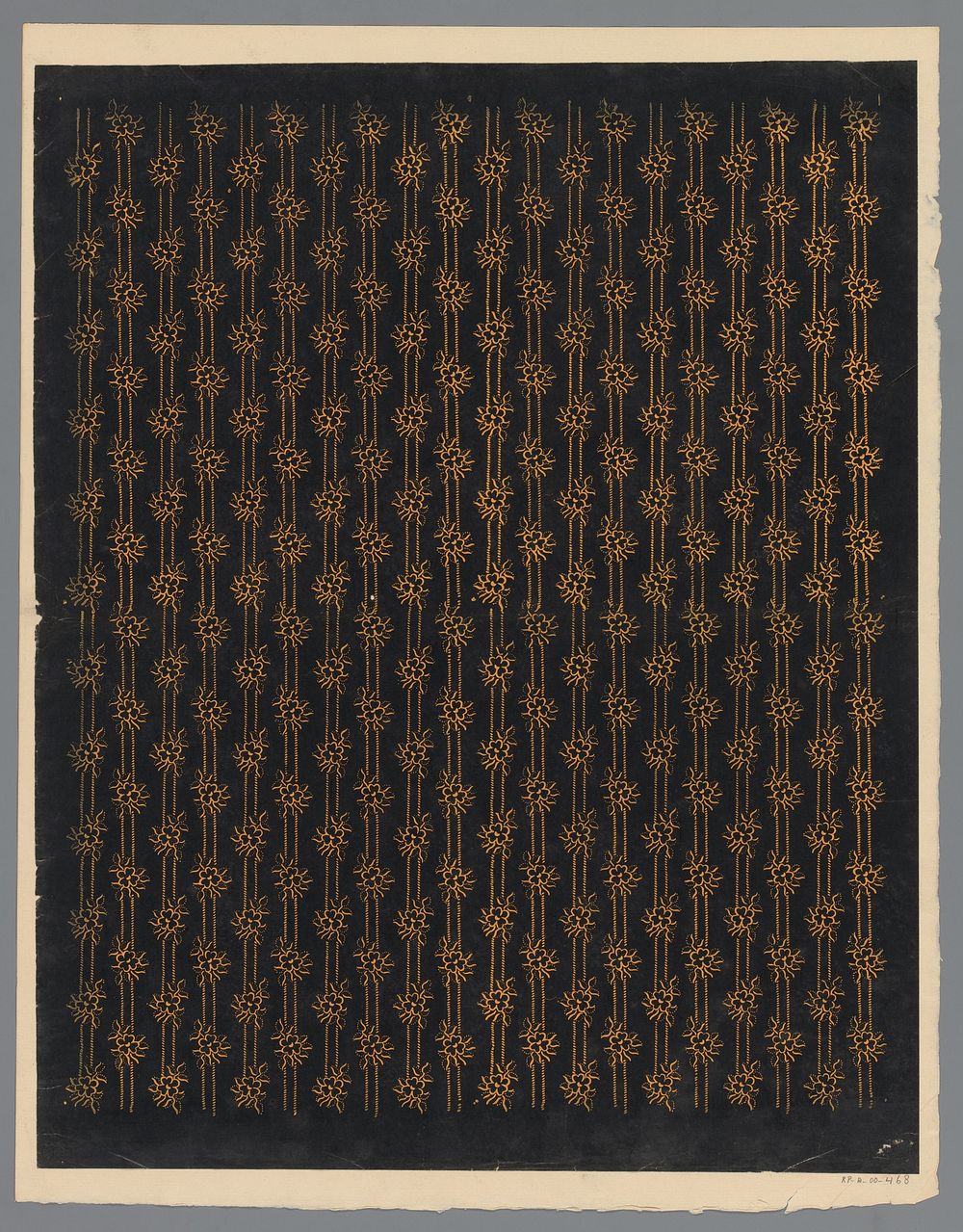 Blad met banenpatroon van bloemmotief verbonden door twee rijen streepjes (1800 - 1900) by anonymous