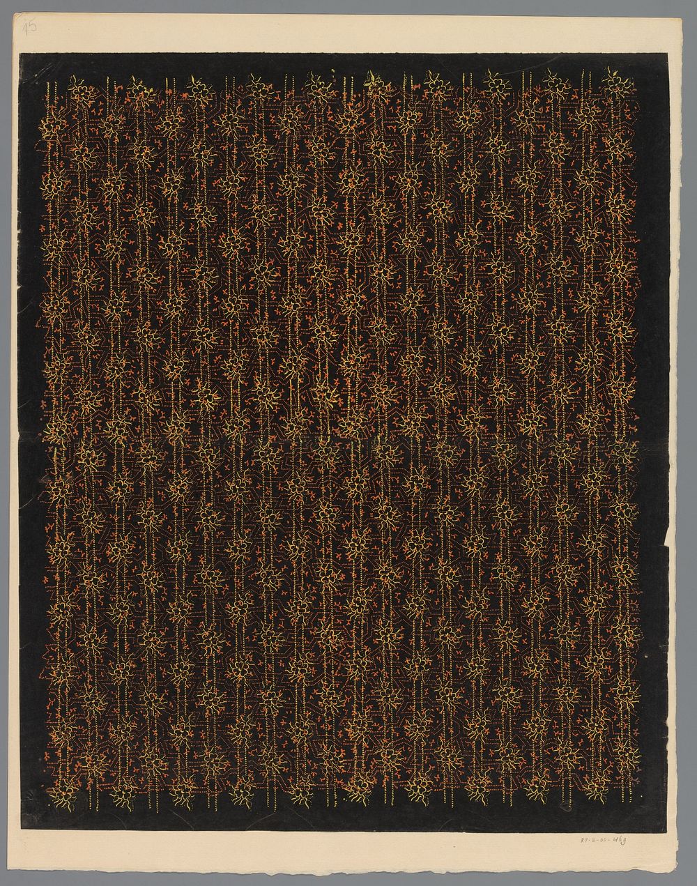 Blad met banenpatroon van bloemen en schuinstaande streepjes op een patroon kronkelende lijnen bestaande uit punten (1800 -…