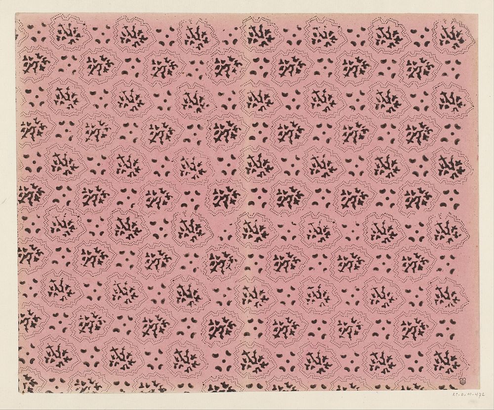 Blad met strooipatroon van motief omgeven door kronkelende lijnen bestaande uit punten (1800 - 1900) by anonymous