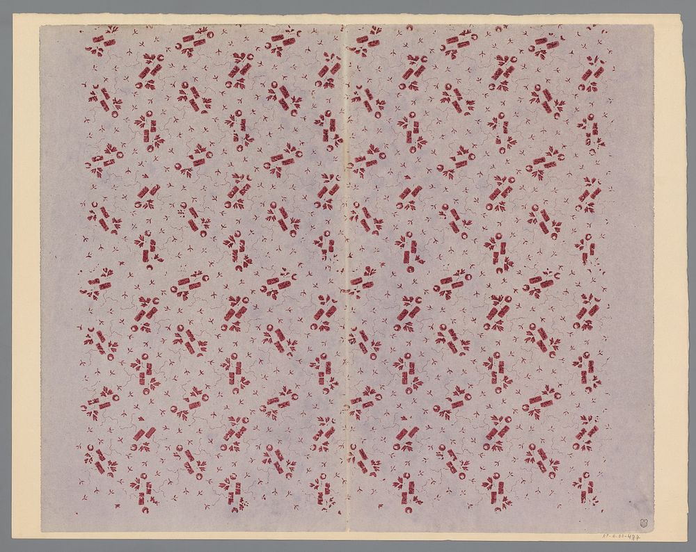 Blad met strooipatroon van blokjes met takken en vruchten tussen takjes en kronkelende lijnen van punten (1800 - 1900) by…