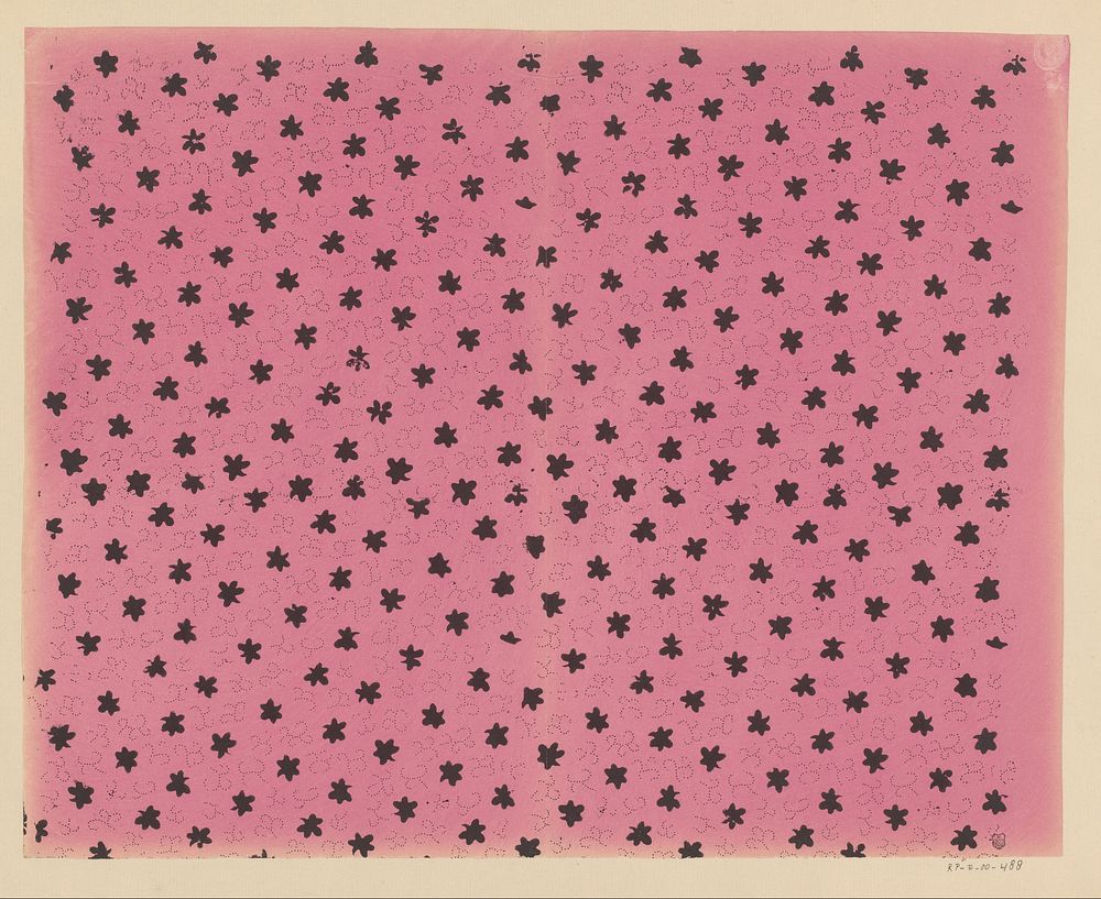 Blad met strooipatroon van bloemmotief omgeven door lijnen van punten (1800 - 1900) by anonymous
