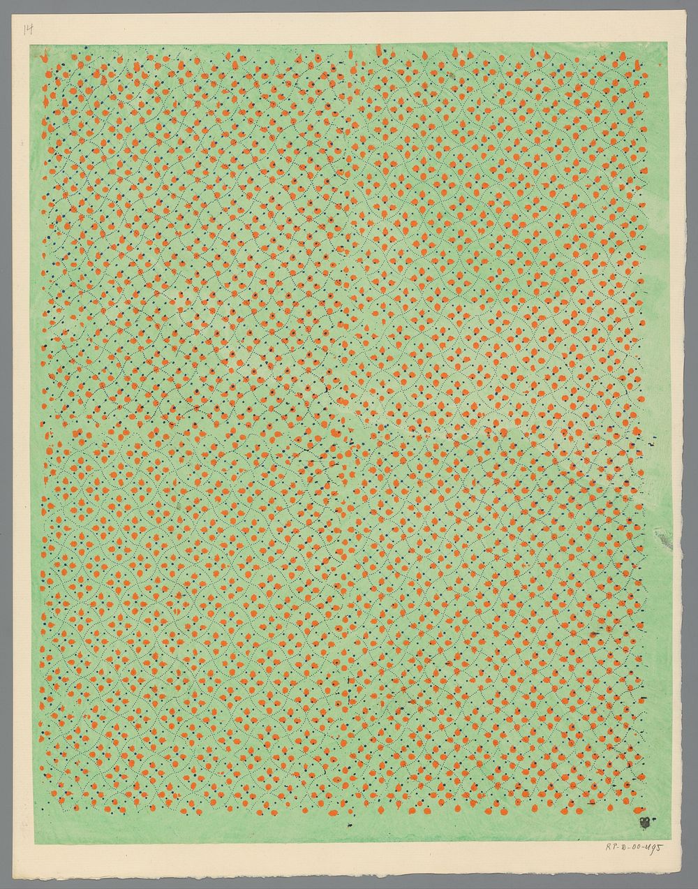 Blad met slingerend ruitpatroon van stippellijnen met bladmotief en punten als veldvulling (1800 - 1900) by anonymous