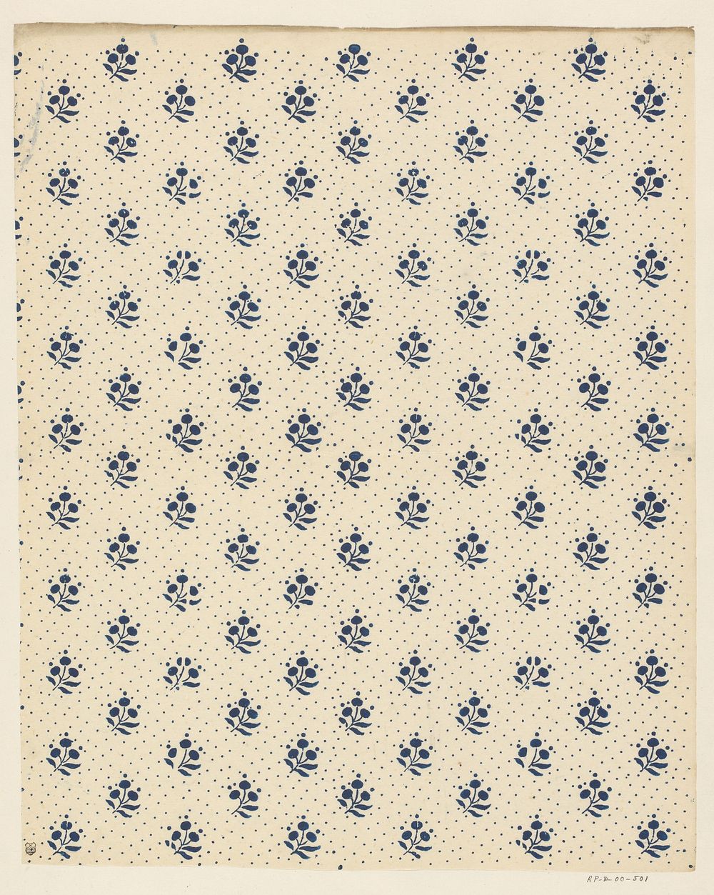 Blad met strooipatroon van bloemmotief met puntenfond (1800 - 1900) by anonymous