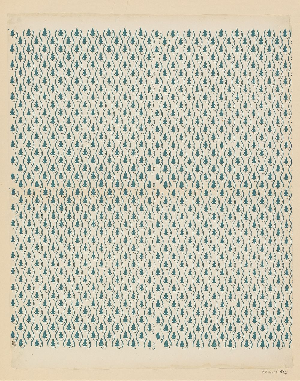 Blad met banenpatroon van bladmotief tussen slingerende lijnen (1800 - 1900) by anonymous