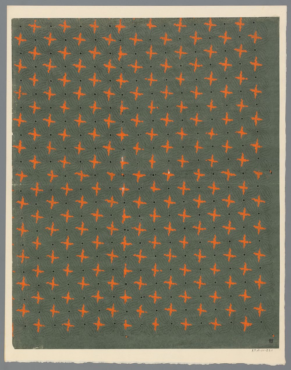 Blad met strooipatroon van kruismotief tussen een kruis van golvende stippellijnen (1800 - 1900) by anonymous
