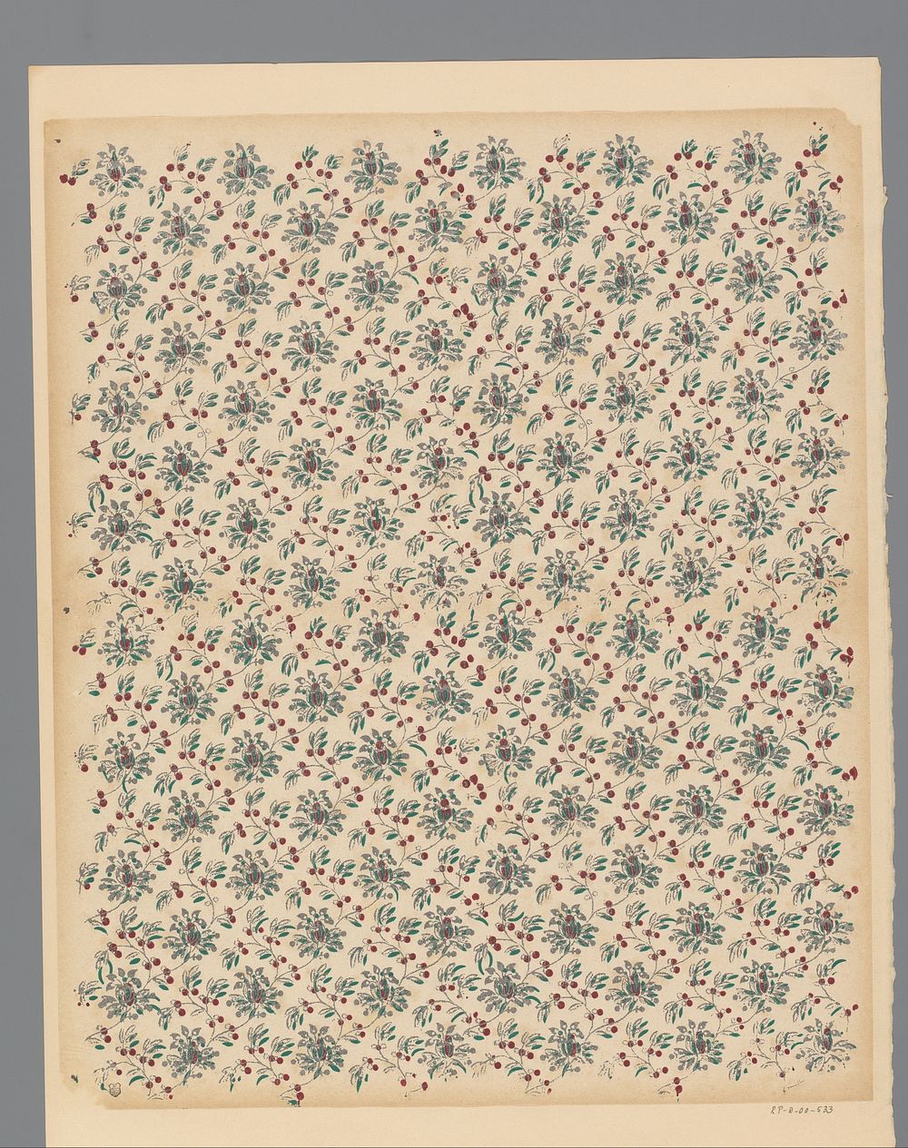 Blad met strooipatroon van ranken met bloemen, bladeren en vruchten (1800 - 1900) by anonymous