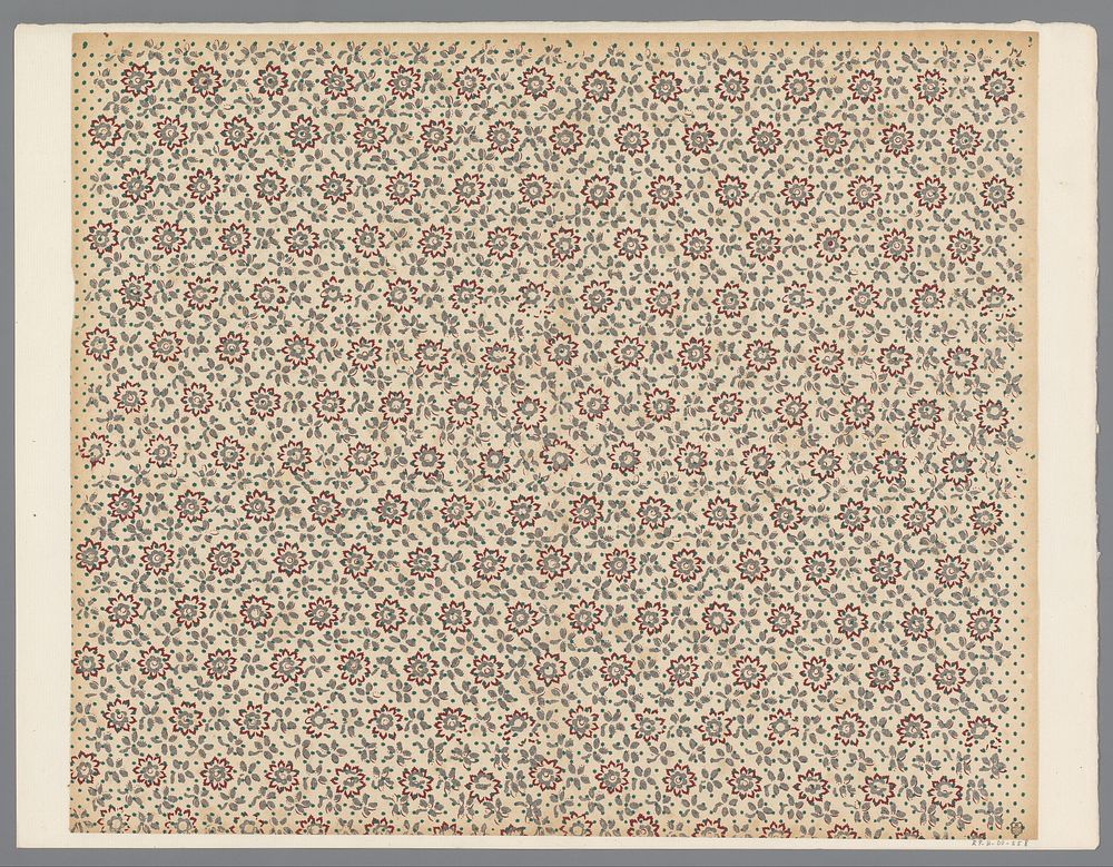 Blad met regelmatig strooipatroon van bloemmotief tussen bladeren en sterren (1800 - 1900) by anonymous