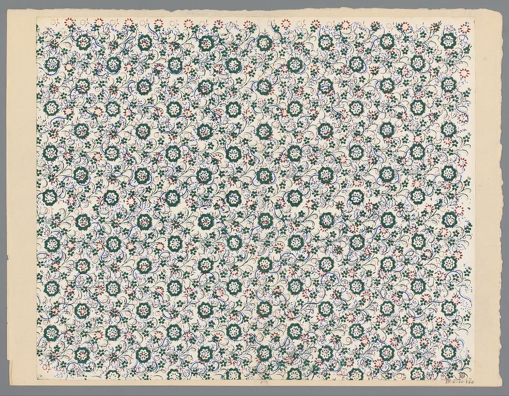 Blad met regelmatig strooipatroon van bloemen en ranken (1800 - 1900) by anonymous