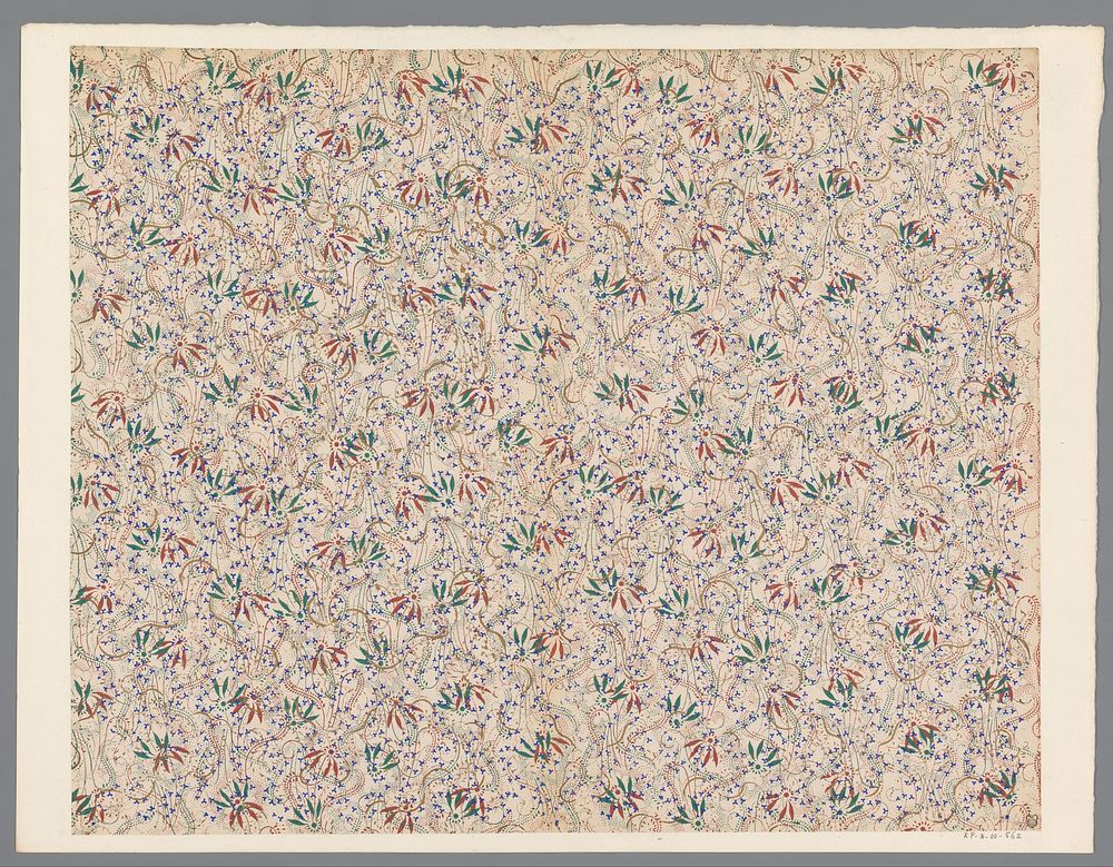 Blad met strooipatroon van bloemen, ranken en stippen (1800 - 1900) by anonymous
