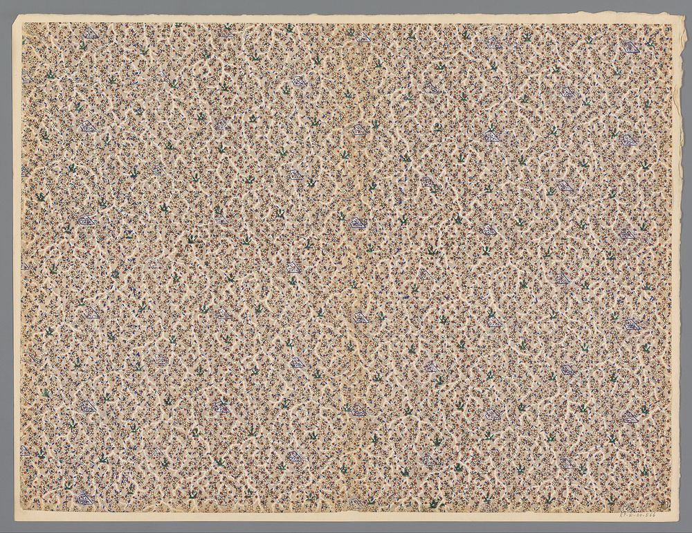 Blad met strooipatronen van sterretjes en blad- en ruitmotief over takjes en stippenfond (1800 - 1900) by anonymous