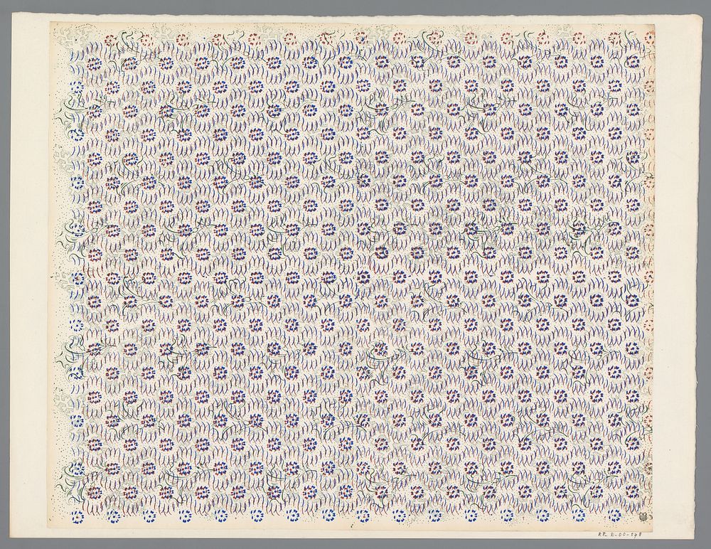 Blad met strooipatroon van bloemmotief met ranken en gebogen lijnen op puntenfond (1800 - 1900) by anonymous
