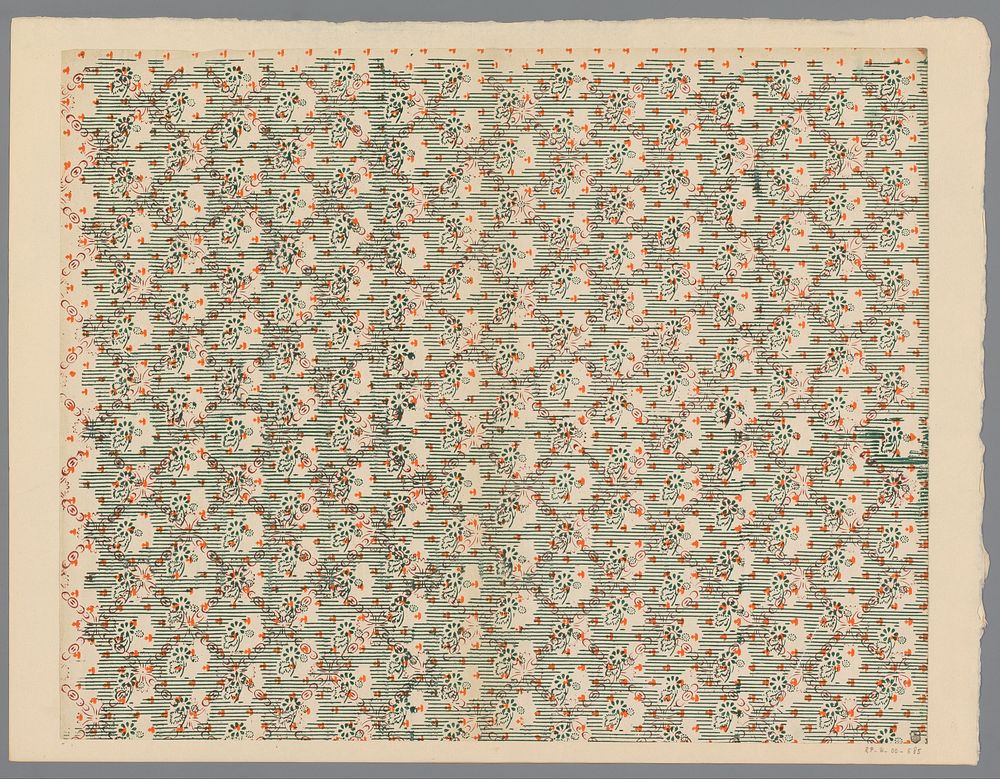 Blad met strooipatroon van bloemen en onderbroken lijnenfond en ruitenpatroon (1800 - 1900) by anonymous