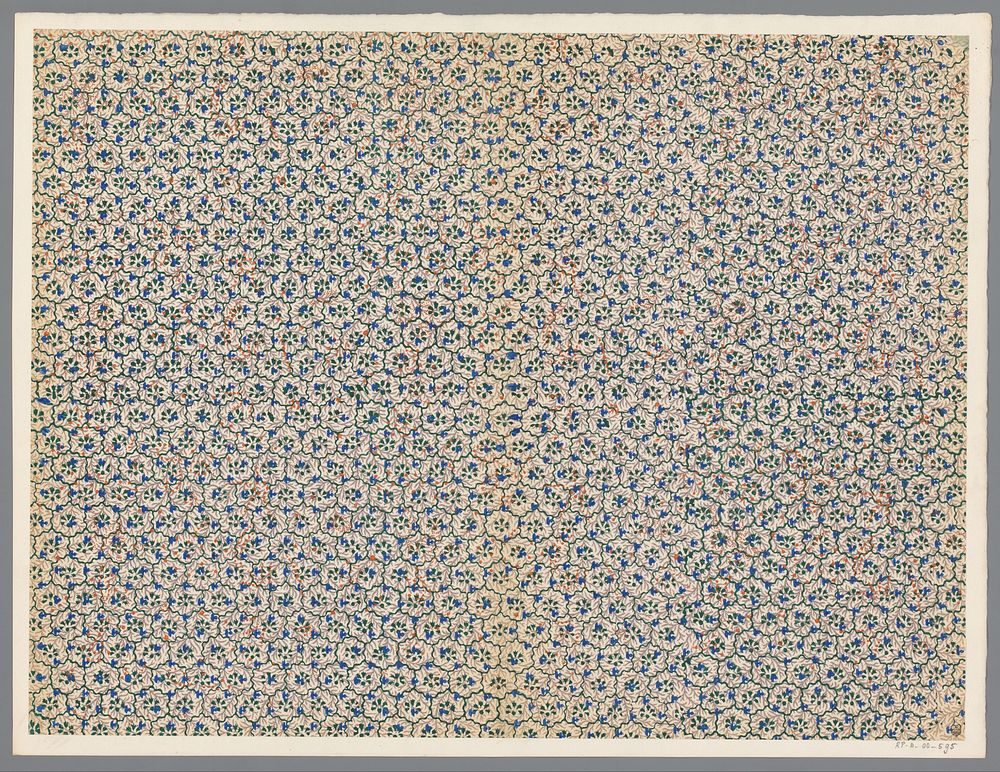 Blad met banenpatroon van zeshoekig vorm met bloemmotief over een fond van fijnvertakte ranken (1800 - 1900) by anonymous