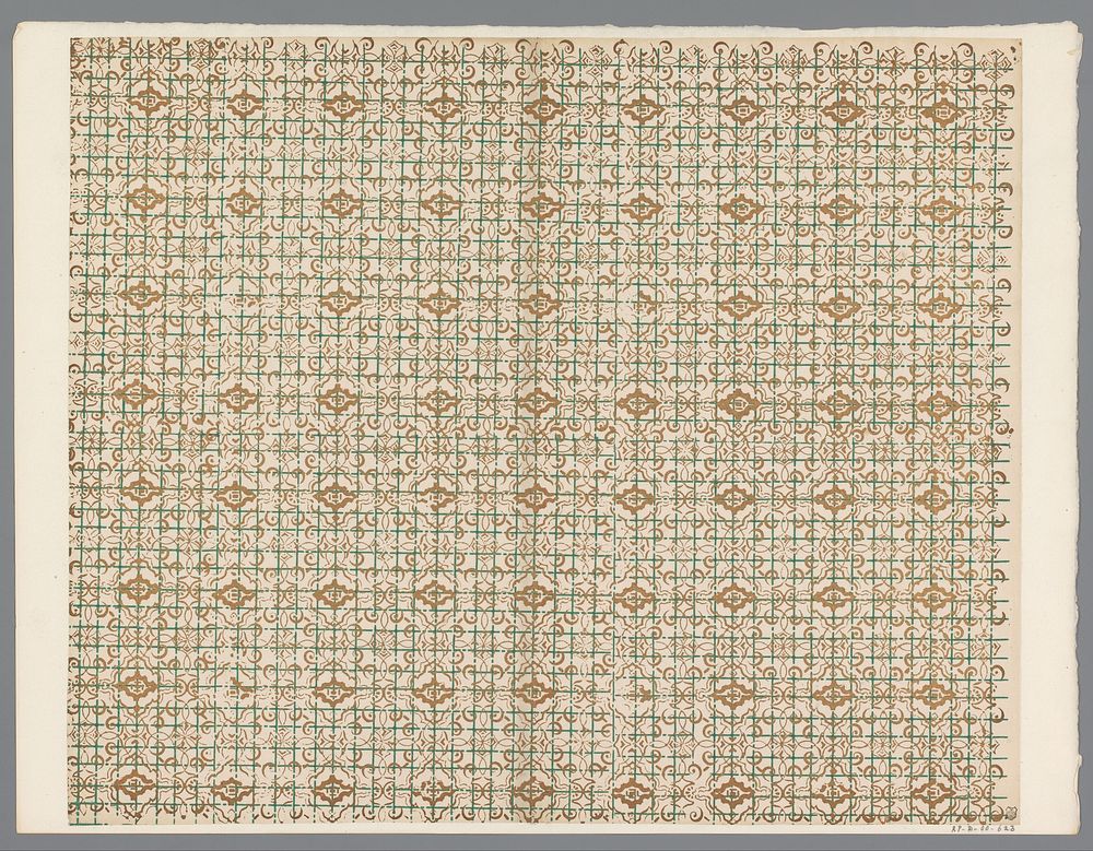 Blad met strooipatroon van ranken over geblokt lijnenfond (1800 - 1900) by anonymous