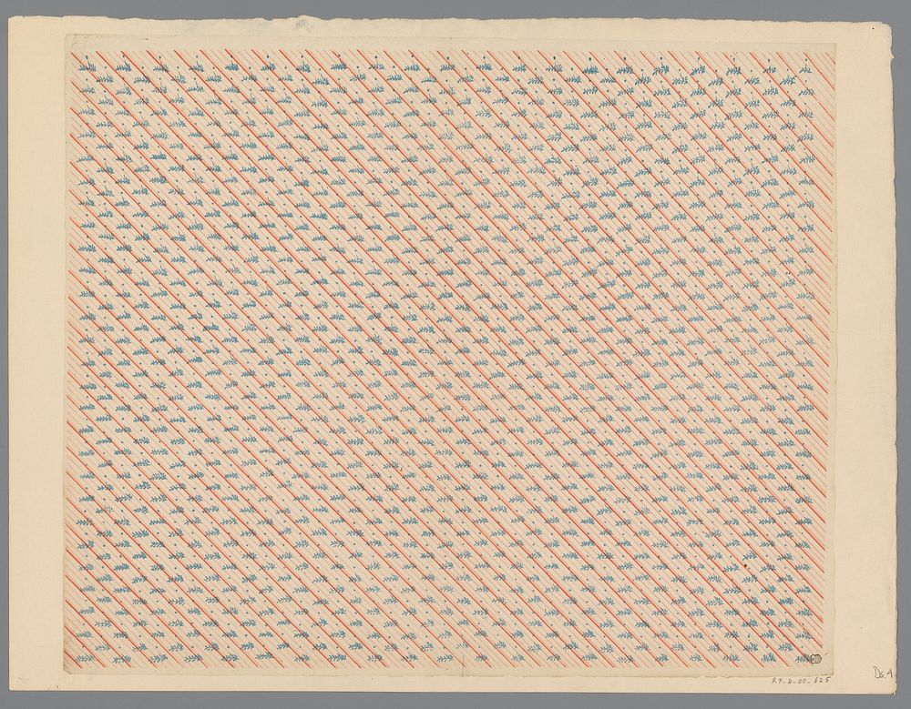 Blad met strooipatroon van takjes op diagonaal lijnenfond (1800 - 1900) by anonymous