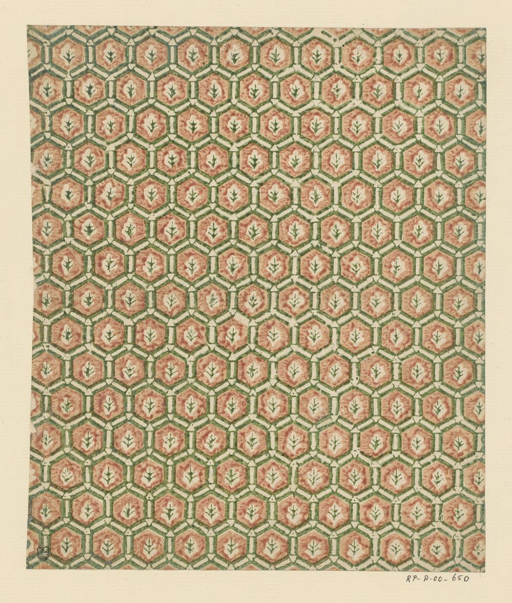 Blad met honingraatpatroon van zeshoeken met tak als veldvulling (1750 - 1900) by anonymous