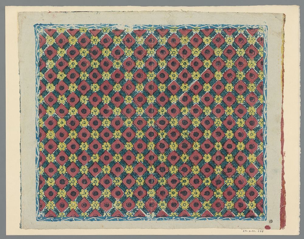 Blad met ruitenpatroon met stippen en overhoekse rozetten (1750 - 1900) by anonymous